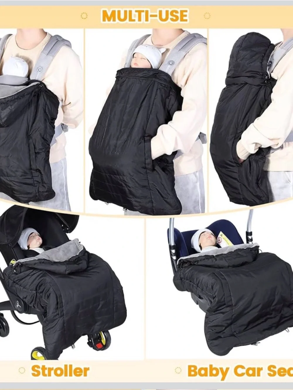 Kids Black Puffer Footmuff with Gray Lining